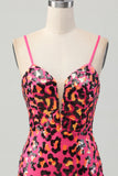 Fuchsia Bodycon Spaghetti Straps Sequins Homecoming Dress with Slit