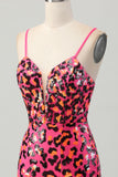 Fuchsia Bodycon Spaghetti Straps Sequins Homecoming Dress with Slit