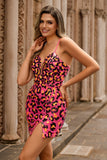 Sequin Fuchsia Spaghetti Straps Tight Homecoming Dress with Slit