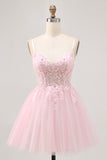 Pink A Line Corset Tulle Short Homecoming Dress with Appliques