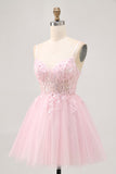 Pink A Line Corset Tulle Short Homecoming Dress with Appliques