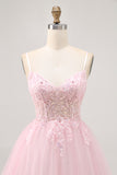 Pink A Line Corset Tulle Short Homecoming Dress with Appliques