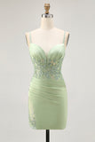 Matcha Corset Satin Tight Homecoming Dress with Appliques