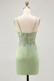 Matcha Corset Satin Tight Homecoming Dress with Appliques