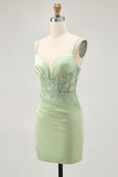 Corset Satin Matcha Tight Homecoming Dress with Appliques