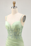 Corset Satin Matcha Tight Homecoming Dress with Appliques