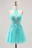 Halter Appliqued A Line Short Green Homecoming Dress