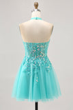 Halter Appliqued A Line Short Green Homecoming Dress