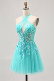 Halter Appliqued A Line Short Green Homecoming Dress