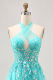 Halter Appliqued A Line Short Green Homecoming Dress