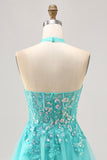 Halter Appliqued A Line Short Green Homecoming Dress