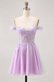 Off The Shoulder Lilac Floral A-Line Homecoming Dress with Appliques