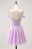 Off The Shoulder Lilac Floral A-Line Homecoming Dress with Appliques