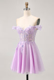 Off The Shoulder Lilac Floral A-Line Homecoming Dress with Appliques