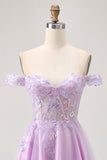 Off The Shoulder Lilac Floral A-Line Homecoming Dress with Appliques