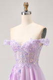 Off The Shoulder Lilac Floral A-Line Homecoming Dress with Appliques