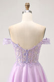 Off The Shoulder Lilac Floral A-Line Homecoming Dress with Appliques