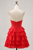 Strapless Red A Line Tiered Corset Short Homecoming Dress