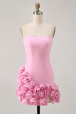 Strapless Pink Bodycon Homecoming Dress with 3D Flowers