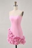 Strapless Pink Bodycon Homecoming Dress with 3D Flowers