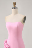 Strapless Pink Bodycon Homecoming Dress with 3D Flowers