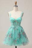 Green Corset A-Line Floral Short Homecoming Dress with Lace Up Back