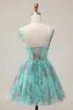 Green Corset A-Line Floral Short Homecoming Dress with Lace Up Back