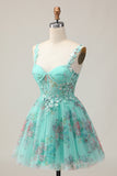 Green Corset A-Line Floral Short Homecoming Dress with Lace Up Back