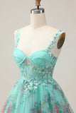 Green Corset A-Line Floral Short Homecoming Dress with Lace Up Back