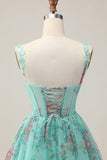 Green Corset A-Line Floral Short Homecoming Dress with Lace Up Back