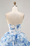 White Blue Flower A-Line Strapless Sequins Printed Homecoming Dress