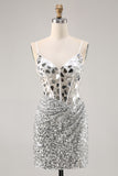 Silver V Neck Bodycon Corset Mirror Homecoming Dress
