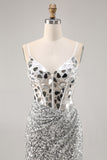 Silver V Neck Bodycon Corset Mirror Homecoming Dress