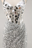 Silver V Neck Bodycon Corset Mirror Homecoming Dress