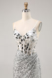 Silver V Neck Bodycon Corset Mirror Homecoming Dress