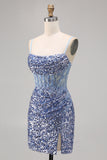 Corset Grey Blue Bodycon Sequins Homecoming Dress with Slit