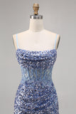 Corset Grey Blue Bodycon Sequins Homecoming Dress with Slit