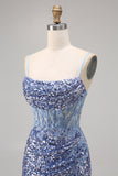 Corset Grey Blue Bodycon Sequins Homecoming Dress with Slit
