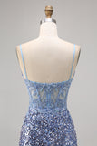 Corset Grey Blue Bodycon Sequins Homecoming Dress with Slit
