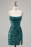 Corset Grey Blue Bodycon Sequins Homecoming Dress with Slit