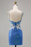 Sparkly Floral Blue Beaded Bodycon Sequins Homecoming Dress with Slit