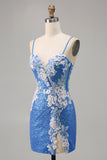 Sparkly Floral Blue Beaded Bodycon Sequins Homecoming Dress with Slit