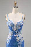 Sparkly Floral Blue Beaded Bodycon Sequins Homecoming Dress with Slit