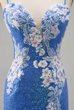 Sparkly Floral Blue Beaded Bodycon Sequins Homecoming Dress with Slit