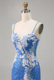 Sparkly Floral Blue Beaded Bodycon Sequins Homecoming Dress with Slit