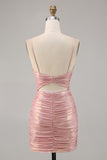 Blush Cut Out Ruched Tight Glitter Short Homecoming Dress