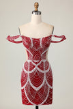 Red Off the Shoulder Bodycon Homecoming Dress with Sequins
