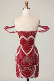 Red Off the Shoulder Bodycon Homecoming Dress with Sequins