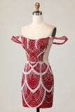 Off the Shoulder Bodycon Red Homecoming Dress with Sequins