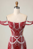 Off the Shoulder Bodycon Red Homecoming Dress with Sequins